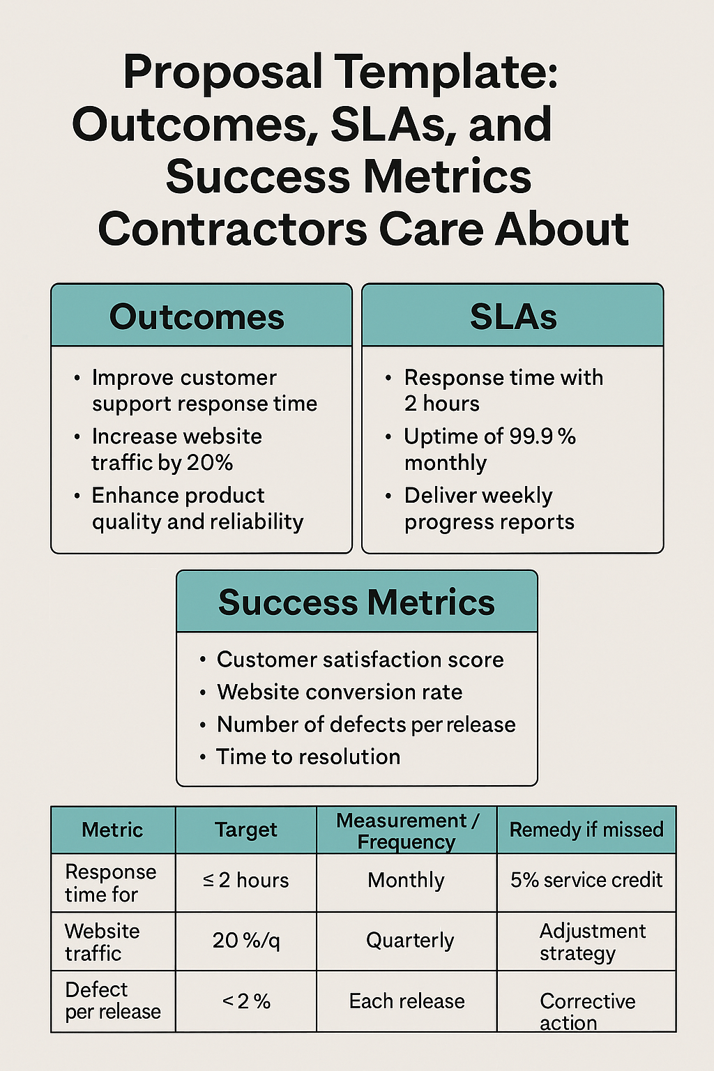 Proposal Template: Outcomes, SLAs, and Success Metrics Contractors Care About